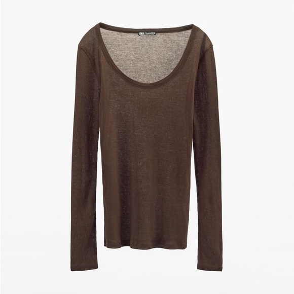 Zara Brown Ribbed Cotton T-Shirt - Picture 4 of 6